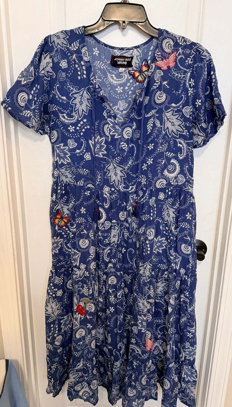 Johnny Was Workshop Dress Size S Blue Floral Embroidered Tiered Boho